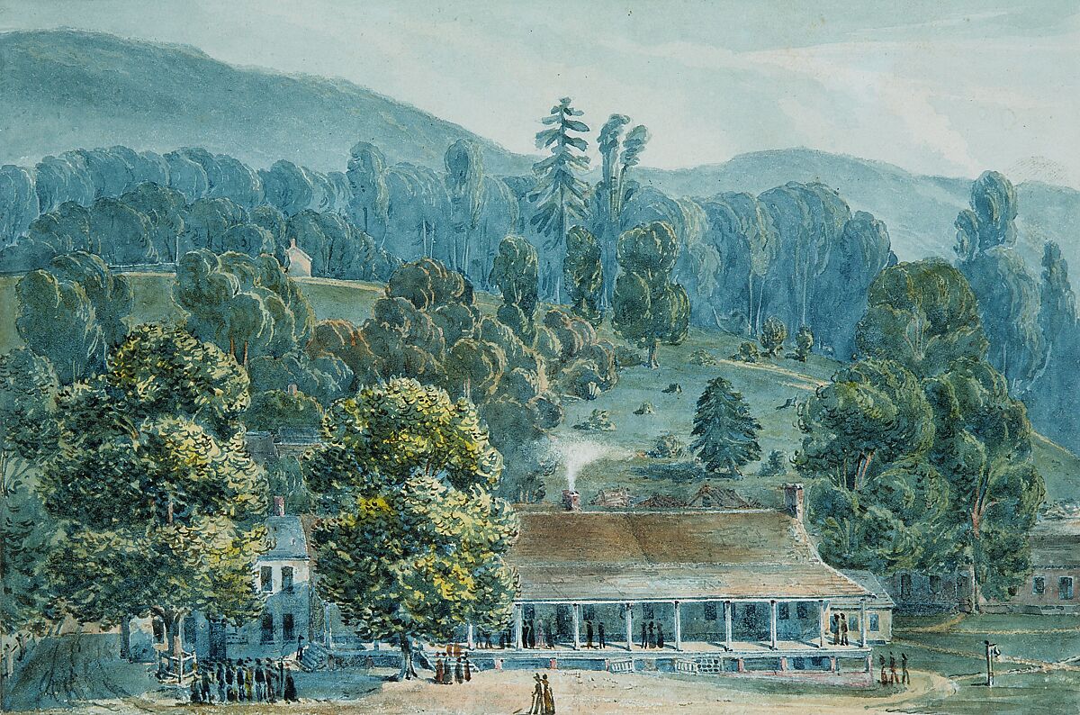 Dining Room and Stage Offices at White Sulphur Springs, John Hazelhurst Boneval Latrobe (1803–1891), Watercolor on off-white wove paper, American