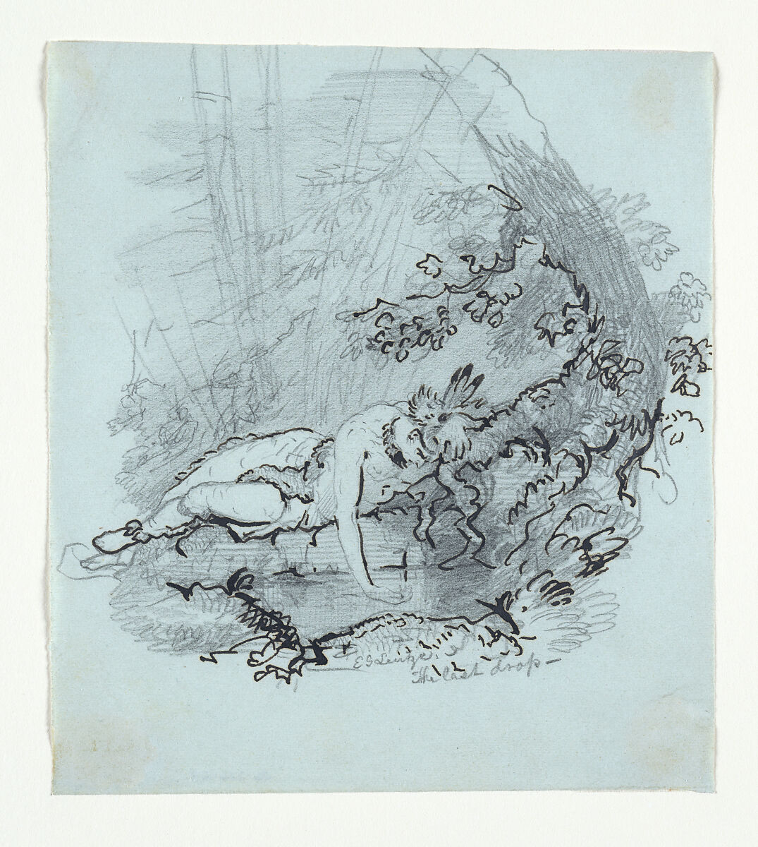 The Last Drop (from McGuire Scrapbook), Emanuel Leutze (American, Schwäbisch Gmünd 1816–1868 Washington, D.C.), Iron gall ink and graphite on thin green wove letterpress paper, American 