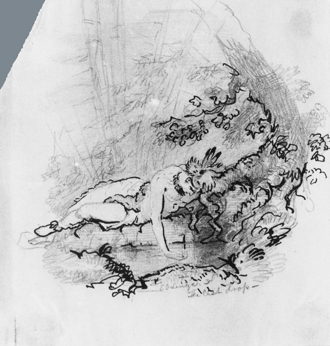 The Last Drop (from McGuire Scrapbook), Emanuel Leutze (American, Schwäbisch Gmünd 1816–1868 Washington, D.C.), Iron gall ink and graphite on thin green wove letterpress paper, American