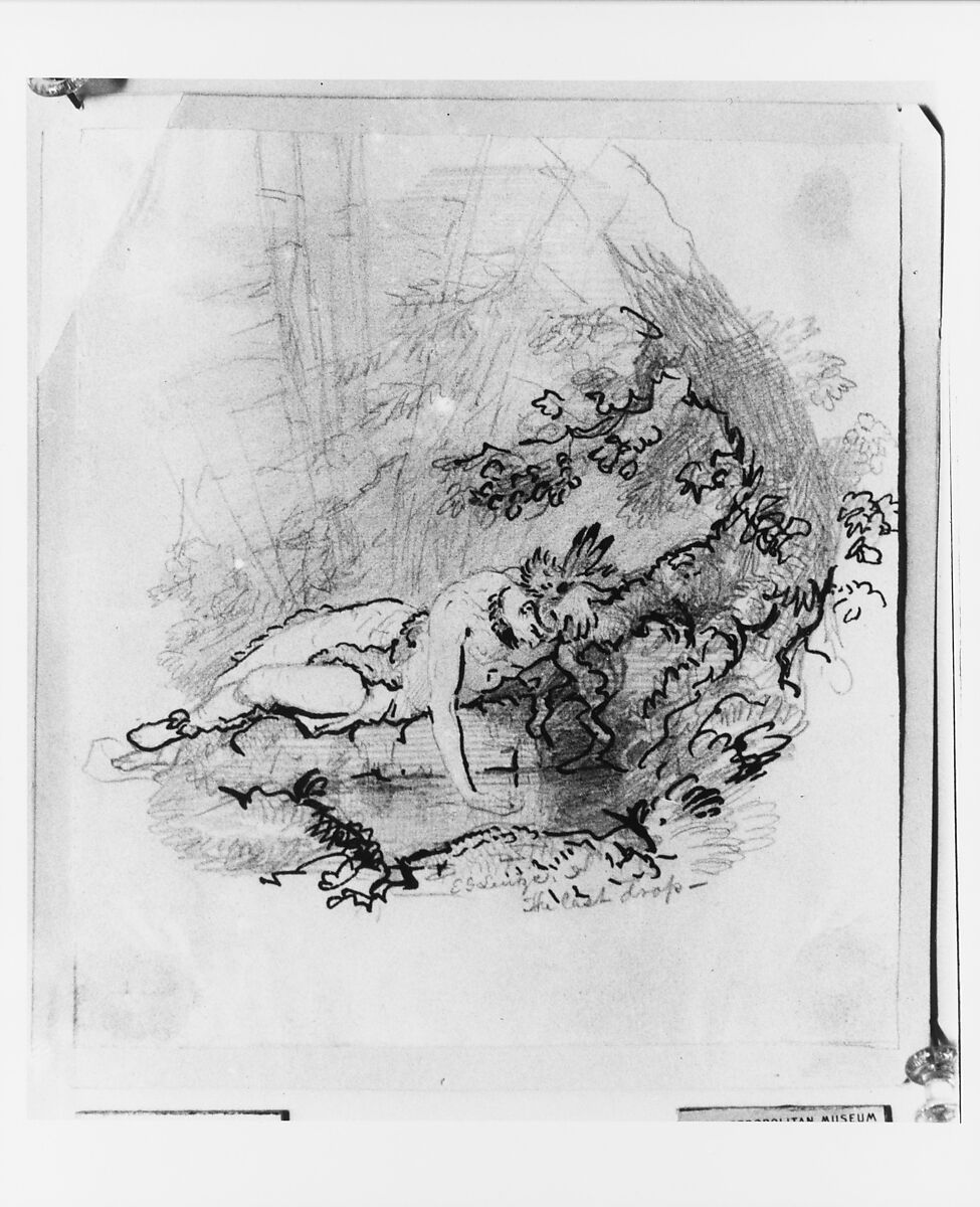 The Last Drop (from McGuire Scrapbook), Emanuel Leutze (American, Schwäbisch Gmünd 1816–1868 Washington, D.C.), Iron gall ink and graphite on thin green wove letterpress paper, American