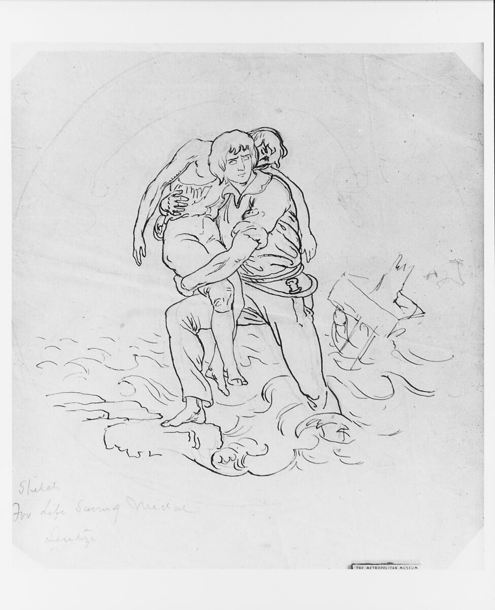 Sketch for a Life Saving Medal (from McGuire Scrapbook), Emanuel Leutze (American, Schwäbisch Gmünd 1816–1868 Washington, D.C.), Pen, ink, and graphite on thin off-white laid letterpress paper, American 