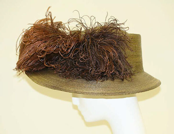 Hat, straw, silk, feathers, French