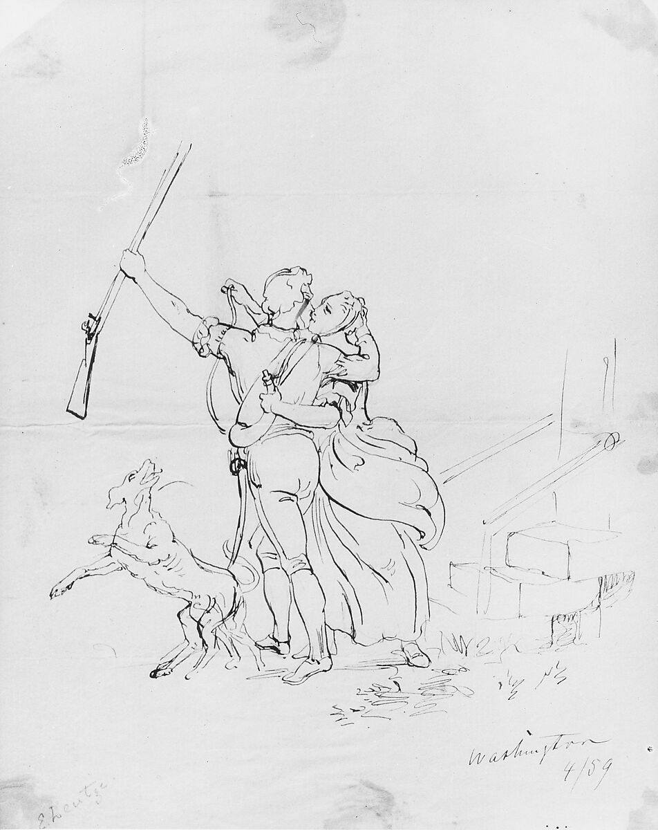 The Soldier's Farewell (from McGuire Scrapbook), Emanuel Leutze (American, Schwäbisch Gmünd 1816–1868 Washington, D.C.), Ink and graphite on thin off-white laid letterpress paper, American 