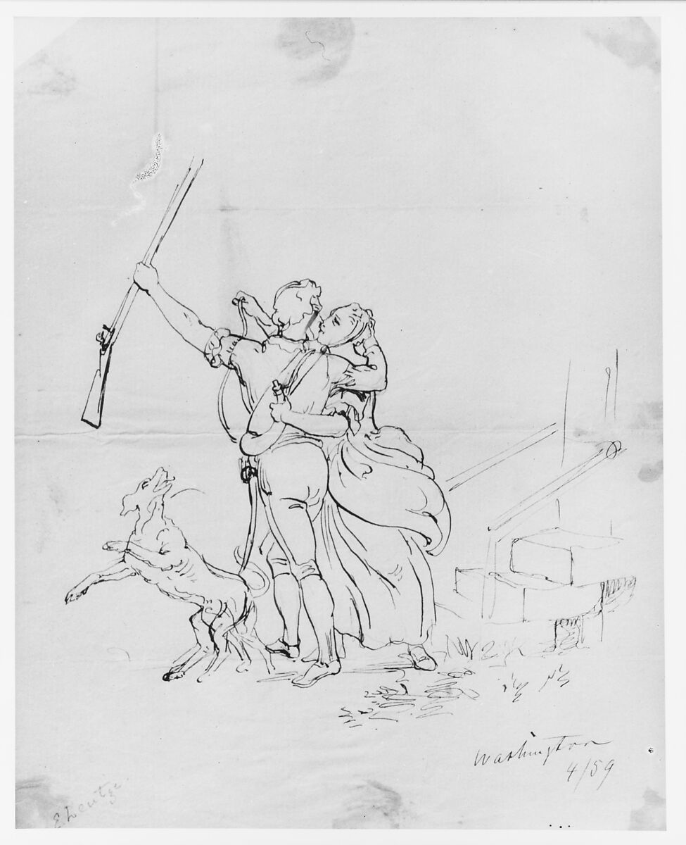 The Soldier's Farewell (from McGuire Scrapbook), Emanuel Leutze (American, Schwäbisch Gmünd 1816–1868 Washington, D.C.), Ink and graphite on thin off-white laid letterpress paper, American