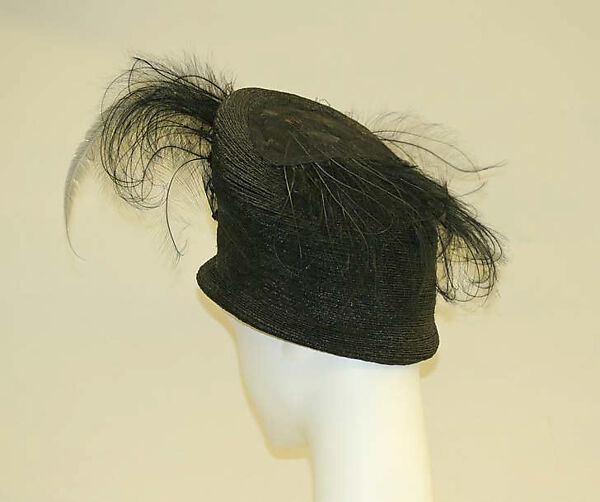 Toque, straw, feathers, silk, American