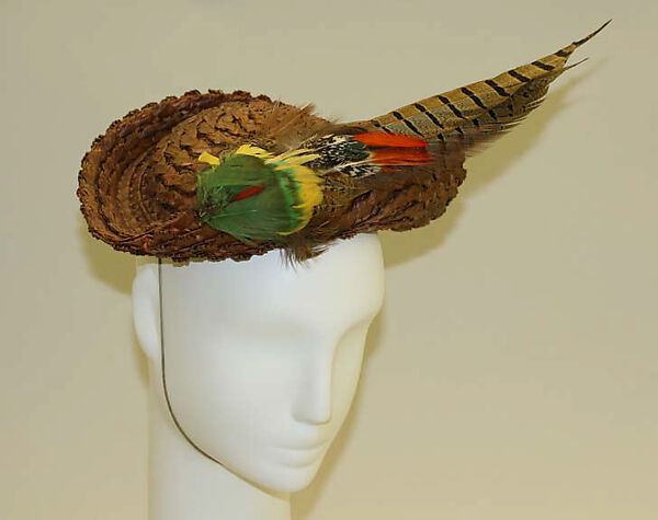 Hat, Hattie Carnegie (American (born Austria), Vienna 1889–1956 New York), straw, feathers, American 