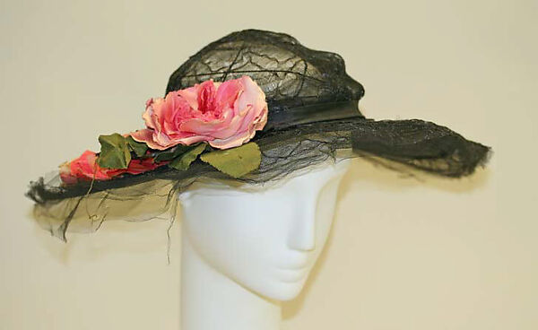 Picture hat, silk, horsehair, wire, American 
