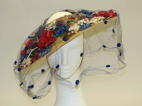 Hat, John-Frederics (American, 1929–1948), straw, cotton, silk, American 