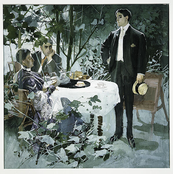 At Tea, Joseph Christian Leyendecker (American (born Germany), Montabaur 1874–1951 New Rochelle, New York), Gouache on cardboard with light tan wove paper facing, American 
