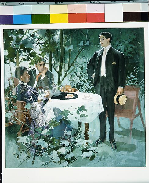 At Tea, Joseph Christian Leyendecker (American (born Germany), Montabaur 1874–1951 New Rochelle, New York), Gouache on cardboard with light tan wove paper facing, American