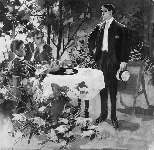 At Tea, Joseph Christian Leyendecker (American (born Germany), Montabaur 1874–1951 New Rochelle, New York), Gouache on cardboard with light tan wove paper facing, American