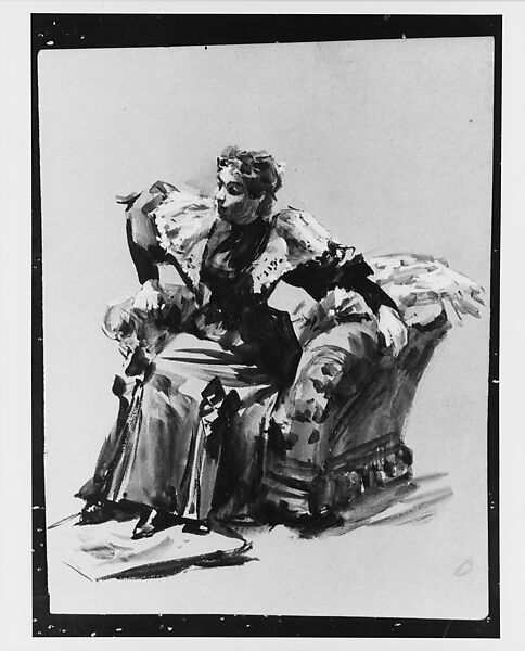 Seated Woman, Joseph Christian Leyendecker (American (born Germany), Montabaur 1874–1951 New Rochelle, New York), Black watercolor, white gouache, and graphite on blue-gray wove paper, American