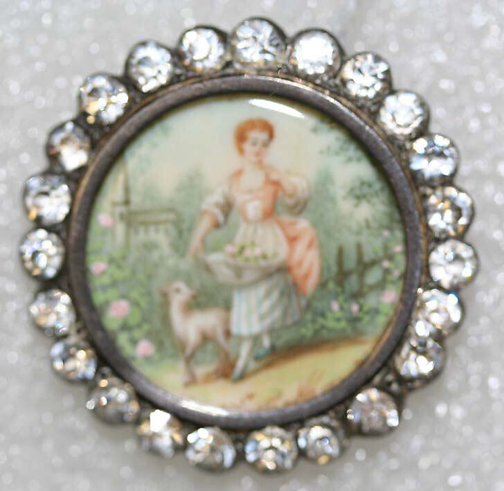 Button, ivory, metal, strass, French