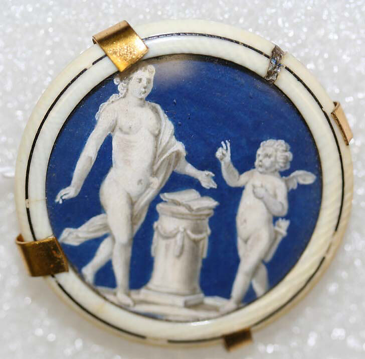 Button, ivory, glass, catgut, probably European