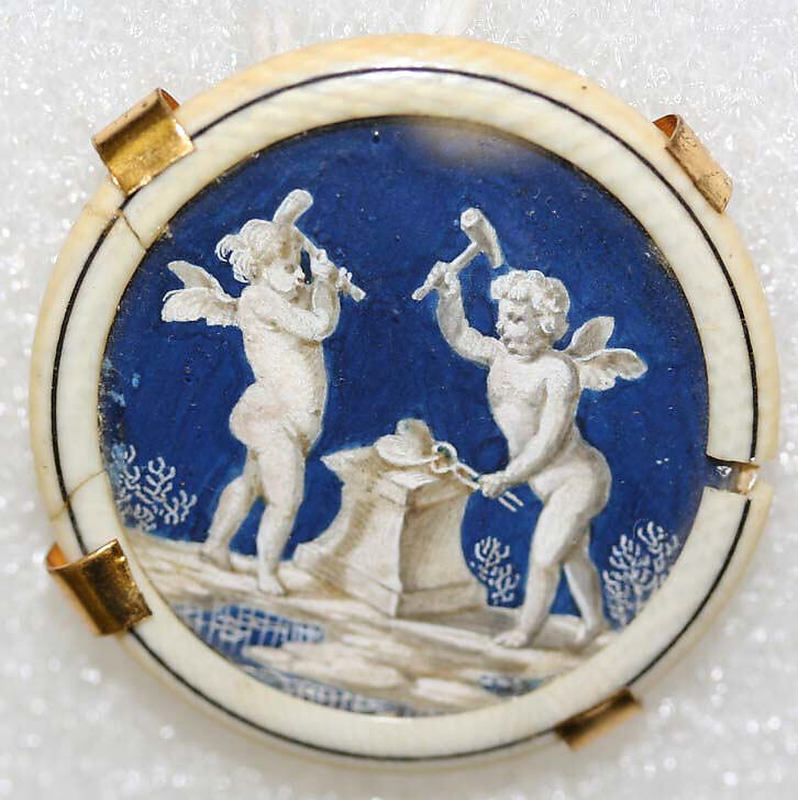 Button, ivory, glass, catgut, probably European