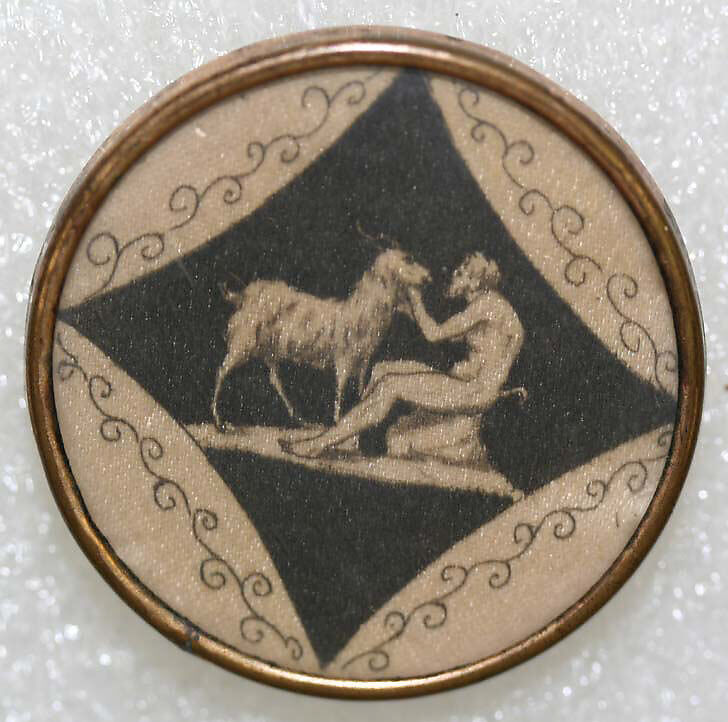 Button, silk, glass, ivory, probably European