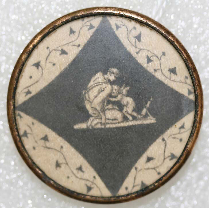 Button, silk, glass, ivory, probably European