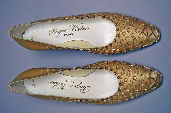Evening shoes, Roger Vivier (French, 1913–1998), silk, glass, leather, French