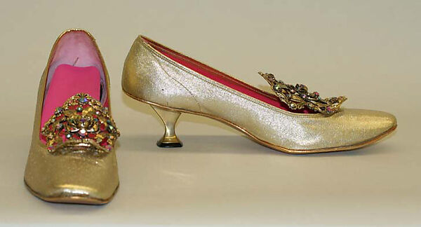 Evening shoes, Taj of India (American, 1961–1970), metal, metallic thread, glass, American 