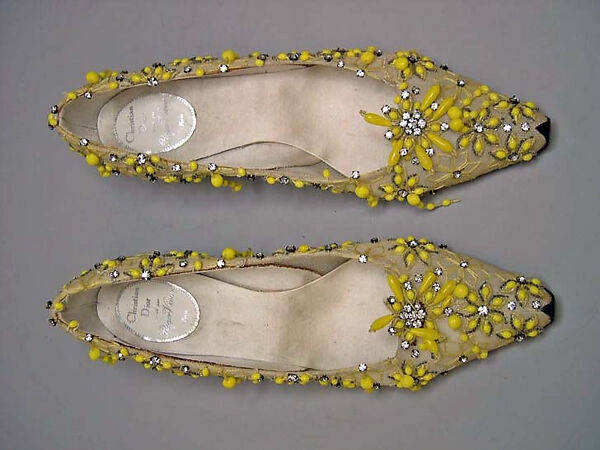 Evening shoes, House of Dior (French, founded 1946), silk, cotton, plastic, glass, leather, French