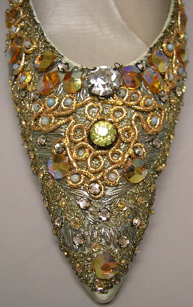 Evening shoes, House of Dior (French, founded 1946), silk, leather, metallic threads, plastic, glass, French