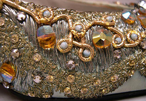 Evening shoes, House of Dior (French, founded 1946), silk, leather, metallic threads, plastic, glass, French