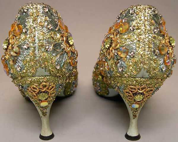 Evening shoes, House of Dior (French, founded 1946), silk, leather, metallic threads, plastic, glass, French