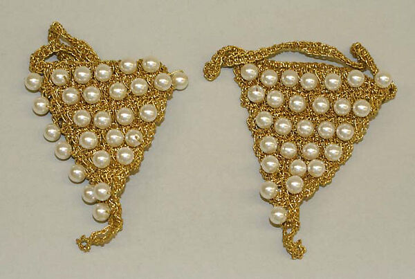 Sandals, synthetic pearls, gold thread, elastic, American 