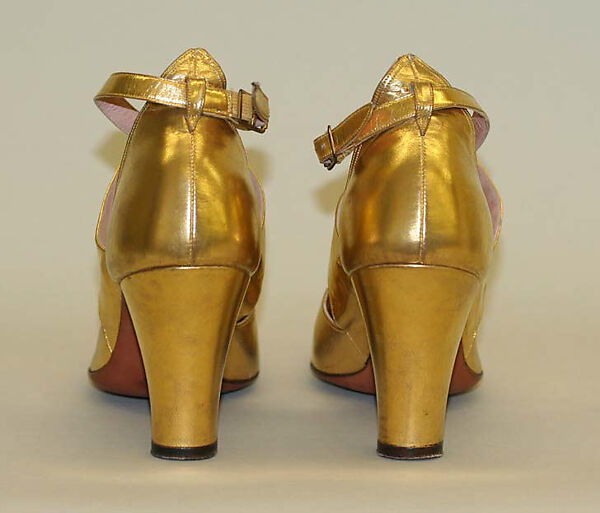 Evening shoes, leather, wood, metal, American