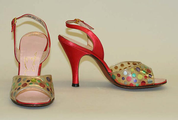 Sandals, Mr. David Evins (American, born England, 1909–1992), silk, plastic (vinyl), leather, wood, American 