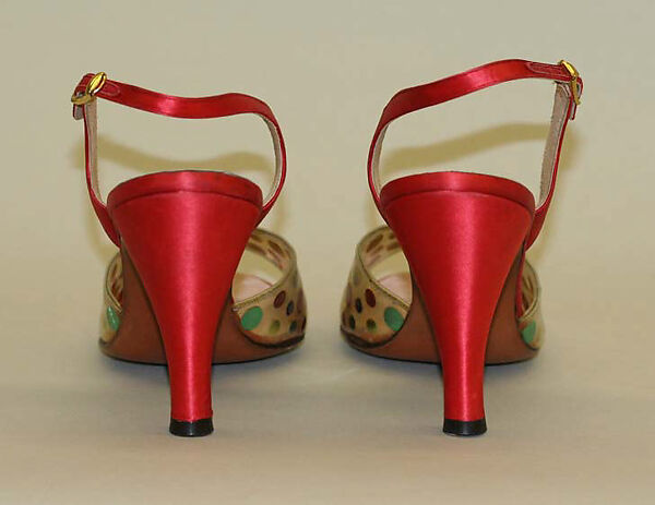 Sandals, Mr. David Evins (American, born England, 1909–1992), silk, plastic (vinyl), leather, wood, American