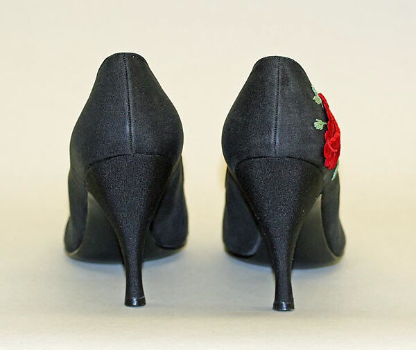 Pumps, Mr. David Evins (American, born England, 1909–1992), silk, leather, wood, American