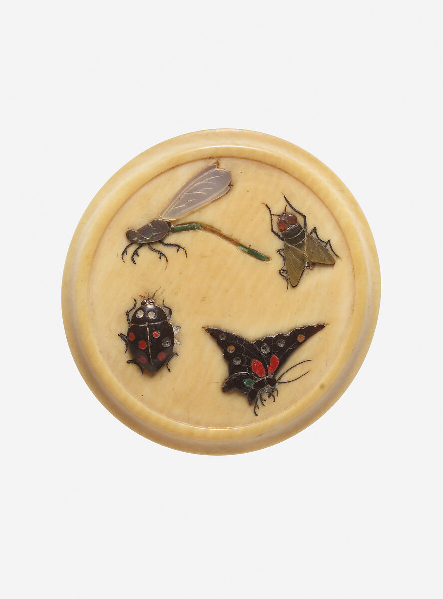 Button, ivory, tortoise shell, mother-of-pearl, Japanese