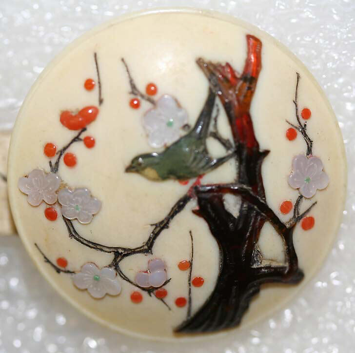 Button, ivory, hawthorne, mother-of-pearl, coral, Japanese 