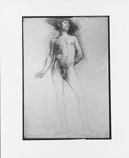 Study of a Standing Male Nude, Frederick William MacMonnies (American, New York 1863–1937 New York), Graphite on paper, mounted on board, American