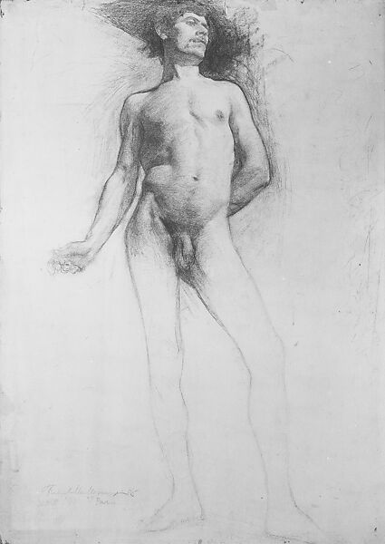 Study of a Standing Male Nude, Frederick William MacMonnies (American, New York 1863–1937 New York), Graphite on paper, mounted on board, American 