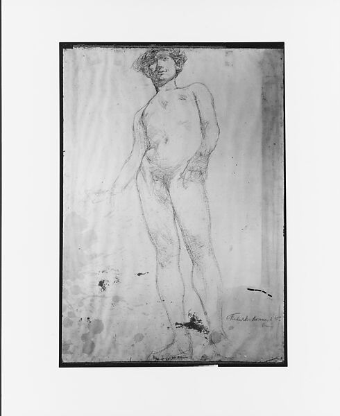 Study of a Standing Male Nude, Frederick William MacMonnies (American, New York 1863–1937 New York), Graphite on paper, mounted on board, American
