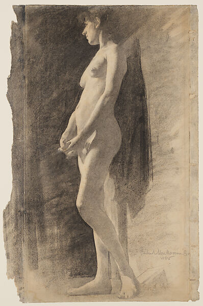 Standing Female Nude, Frederick William MacMonnies (American, New York 1863–1937 New York), Charcoal on paper, mounted on board, American 