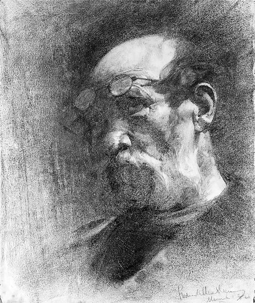 Study of Head of Man with Glasses on Forehead, Frederick William MacMonnies (American, New York 1863–1937 New York), Charcoal on paper, mounted on board, American 