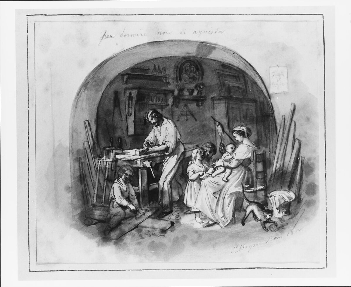 Interior Setting: Carpenter at Work with Family (from Cropsey Album), Attributed to Constant Mayer (1829–1911), Pen and brown ink and gray washes on off-white wove paper, American