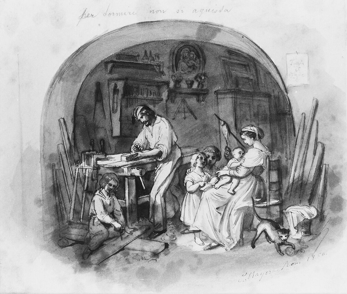 Interior Setting: Carpenter at Work with Family (from Cropsey Album), Attributed to Constant Mayer (1829–1911), Pen and brown ink and gray washes on off-white wove paper, American 