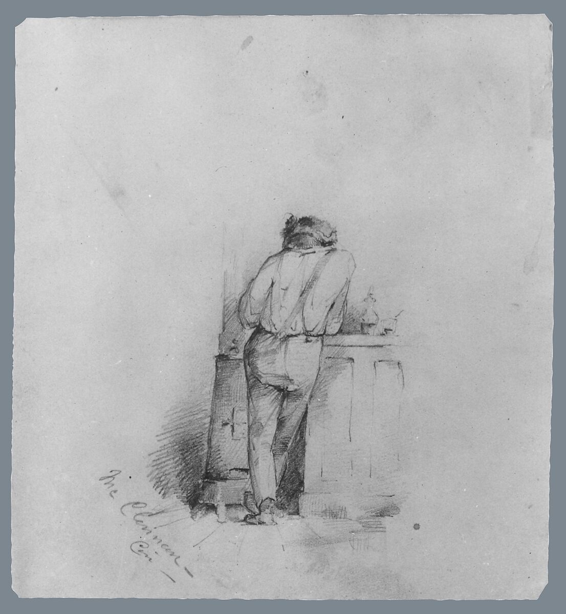 Man at Bar (from McGuire Scrapbook), Probably John McLenan (American, Pennsylvania 1827–1865 New York), Graphite on off-white wove paper, American