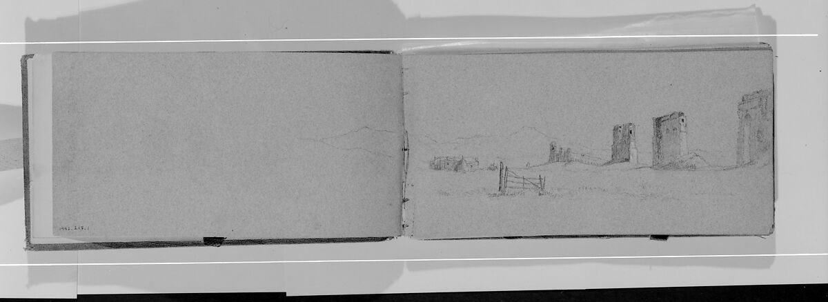 Landscape with Ruins (recto, from sketchbook), Jervis McEntee (American, Rondout, New York 1828–1891 Rondout, New York), Graphite and white gouache on blue wove paper, American 