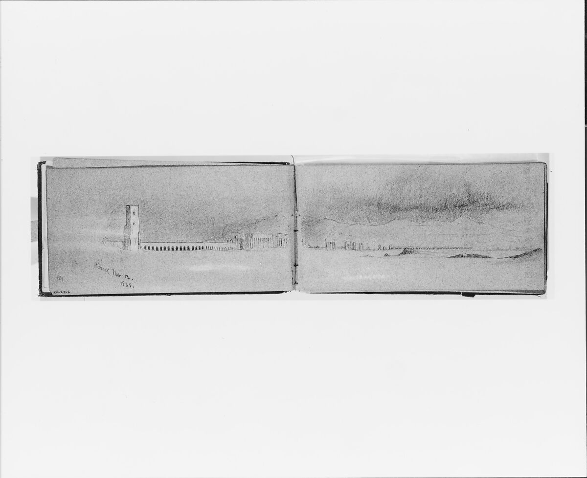 Roman Campagna, Nov. 12, 1868 (verso, from sketchbook), Jervis McEntee (American, Rondout, New York 1828–1891 Rondout, New York), Graphite, white gouache, on blue paper, American