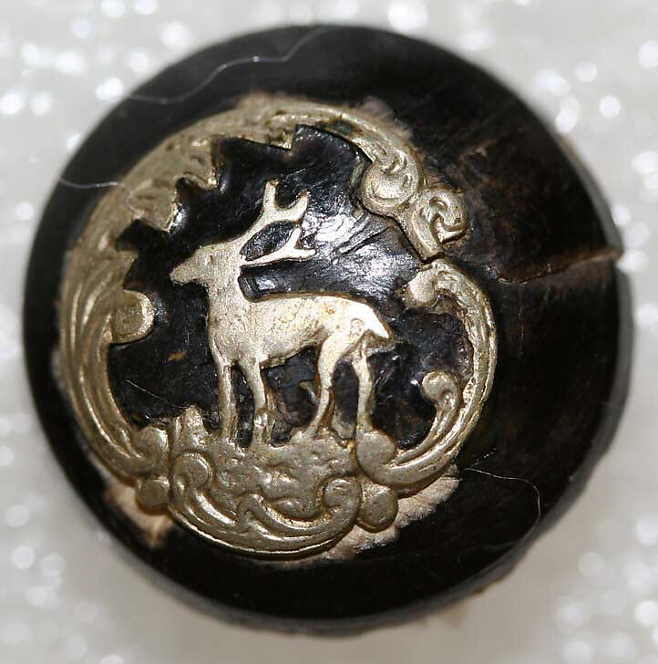 Button, horn, mother-of-pearl, paper, metal, British