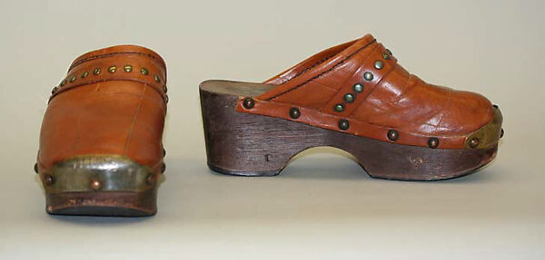 Clogs, wood, leather, metal, probably American 