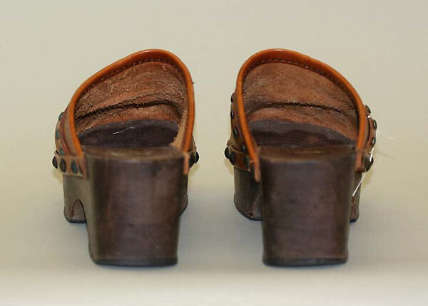 Clogs, wood, leather, metal, probably American