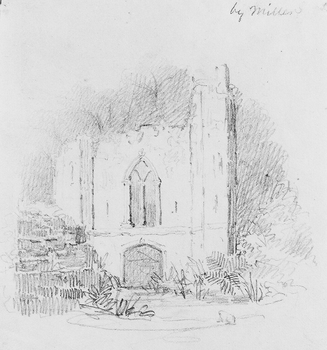 Gothic Ruins, Attributed to William Rickarby Miller (American (born England), Staindrop 1818–1893 Bronx, New York), Graphite on off-white wove paper, American 