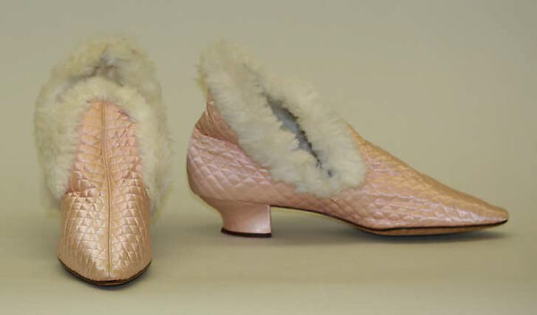 Slippers, silk, leather, fur, wool, American 