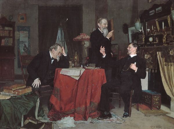 A Discussion, Louis Moeller (1855–1930), Oil on canvas, American 